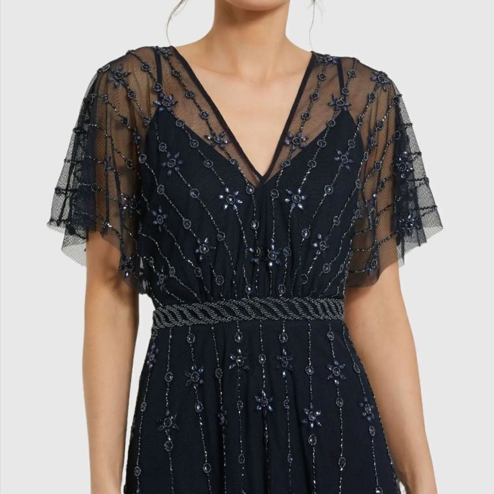 Mac Duggal 9223 Navy V Neck Embellished Flutter Sleeve A Line Gown - Picture 3 of 13